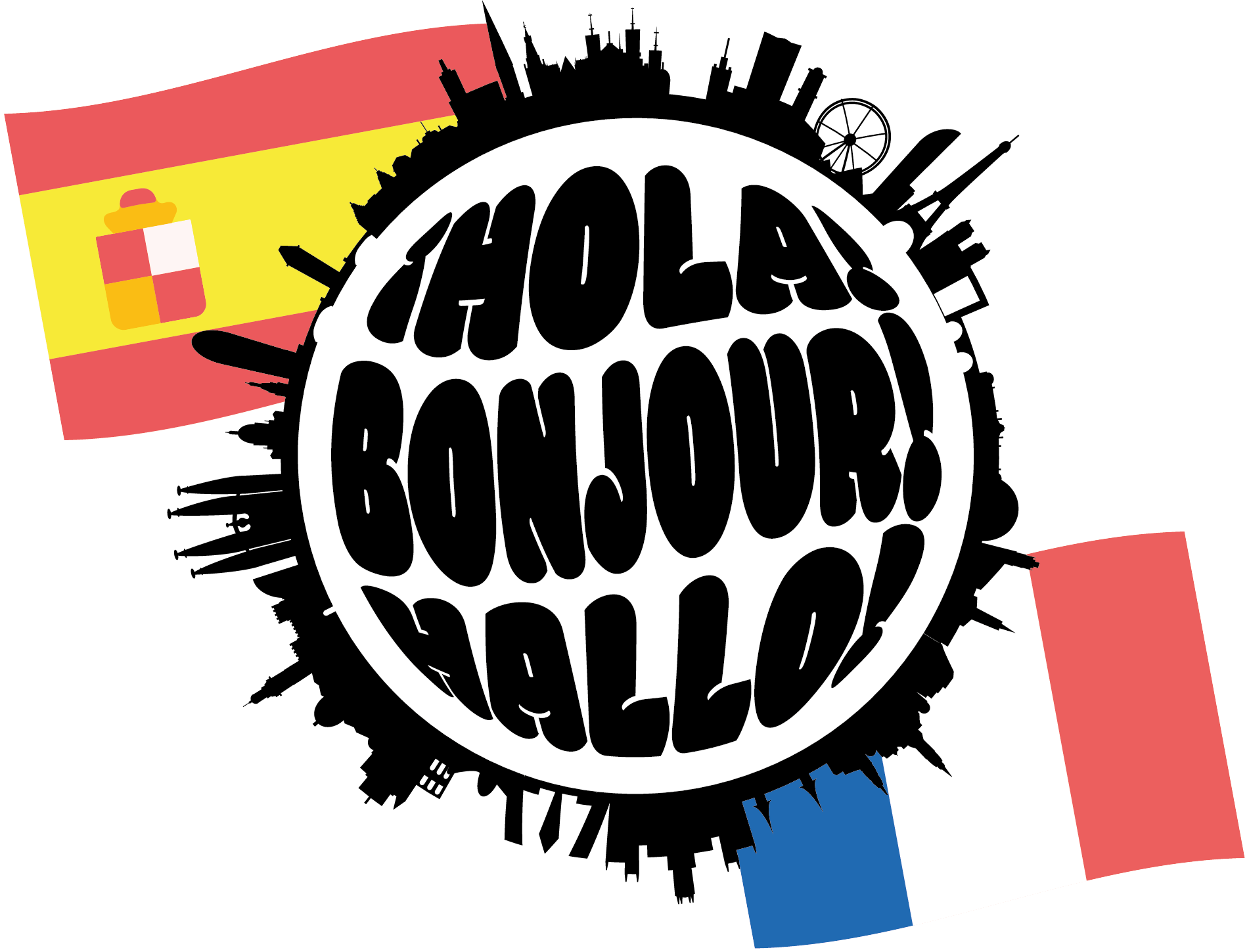 Ein kreisförmiges Logo mit den Begrüßungen "¡Hola!", "Bonjour!" und "Hallo!" in großen schwarzen Buchstaben. Links oben befindet sich eine spanische Flagge und rechts unten eine französische Flagge. Die Begrüßungen repräsentieren die Sprachen Spanisch, Französisch und Deutsch. Die Umrisse von bekannten Wahrzeichen ergänzen das Design, das einen freundlichen und internationalen Empfang vermittelt.
